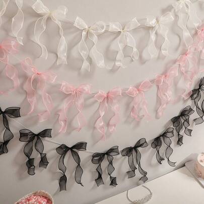 蝴蝶结丝带三角旗，白色、米色、黑色、粉色、蓝色、金色，节日派对装饰背景