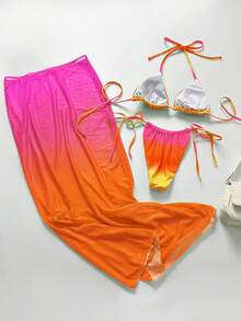 3件套女士性感沙滩比基尼套装，亮色渐变纯色挂脖比基尼泳装套装，搭配长款网纱裙，适合度假、复活节、节日、外出、约会之夜等场合，所有女士服装，秋季款 - 橘色 - 查看 6