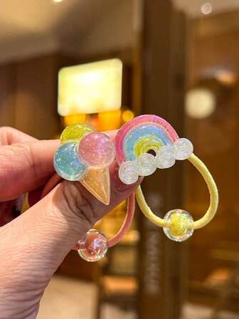 2 件套儿童发圈，可爱独角兽、冰淇淋、彩虹、云朵、蘑菇设计发带，适合小女孩