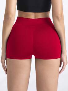 1pc Women Seamless Peach Hip High Waist Elastic Yoga Shorts - Fiery Red - View 6
