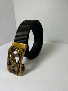 1pc New Men's Vintage Dragon Head Carved Automatic Buckle Leather Belt, Sliding Convenient Adjustment, Slim Fit, Black