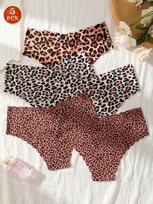 5pcs Women Seamless Leopard Print Briefs, Low Waist Comfortable Sexy Bikini Panties For Fitness & Sport - Multicolor - View 3