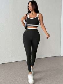 Conjunto de 2 peças de regata e calça esportiva, roupa esportiva casual e sexy - Preto - Ver 5