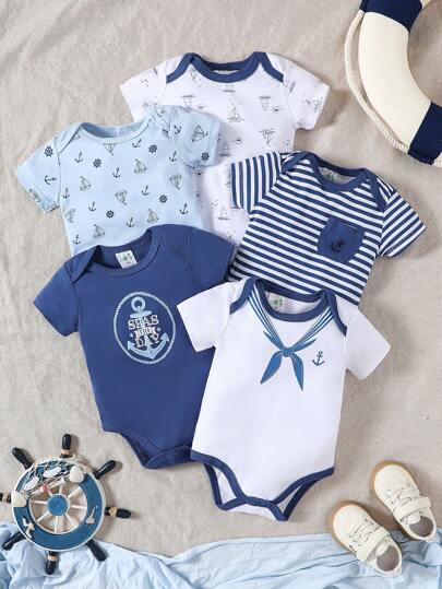 DILAVEL 5PCS Navy Element Pattern Round Neck Short Sleeved Full Print Bodysuit For Boys, Girls, And Babies, Triangle Style Summer, Autumn, Outdoor Fashion Outfit