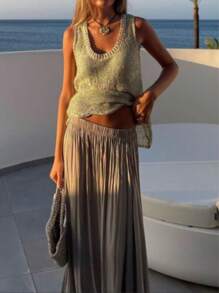 Modische Damen Oversize Lässig Chic Süß Glänzend Strukturierte Asymmetrischer Saum Rundhals Ärmellos Strick Top, Damen Sommer Urlaub