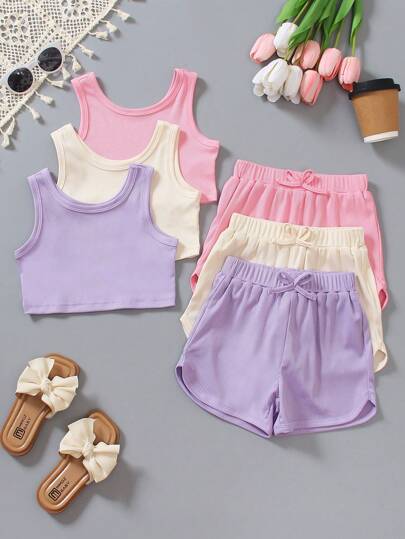 3pcs/Set Toddler Girls Solid Color Casual Crew Neck Sleeveless Tank Top Bowknot Decorated Short Pants Summer Outfit