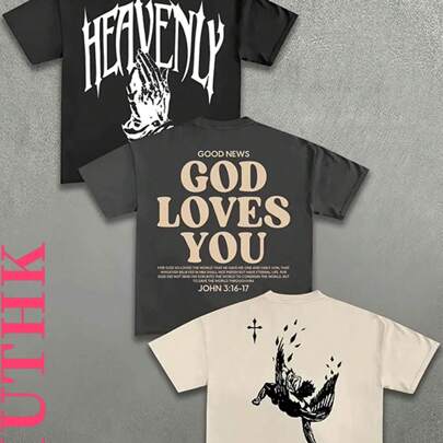 (220 Cotton T-Shirt) 3-Piece Set With Bold Letters "GOD LOVES YOU" Printed Casual Cotton Print For Men's Summer Round Neck Short Sleeves