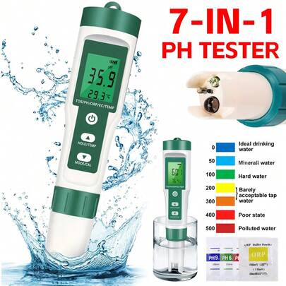7 In 1 Digital LCD PH Meter TDS Meter Tester Pen Pool Water Quality Monitor Green