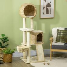 Kratzbaum katze Mit Katzenhaus aus Rattan, mehrere Plattformen, Hängematte & Rampe, Kippschutz, Plüsch, Beige, 60 x 60 x 150 cm - Beige - Übersicht 7