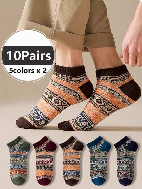 10 Pairs Unisex Retro Short Socks, Thick Yarn Japanese Harajuku Design, Moisture-Wicking Breathable Socks