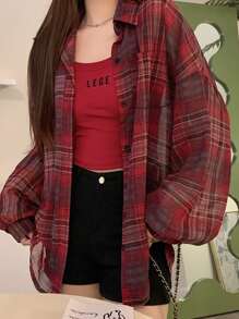 女士格纹落肩长袖单排扣休闲宽松衬衫，随机件数