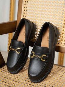 Women's Buckle Design Flat Loafers, Fashionable Black (Patterned Shoe Surface Is A Normal Phenomenon)