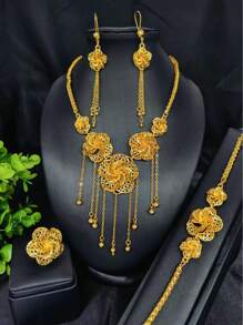 Set de 4 piezas de joyería de lujo con flecos florales chapados en oro para mujeres, incluye collar, aretes, brazalete, anillo, accesorios para bodas y fiestas, regalo para fiestas