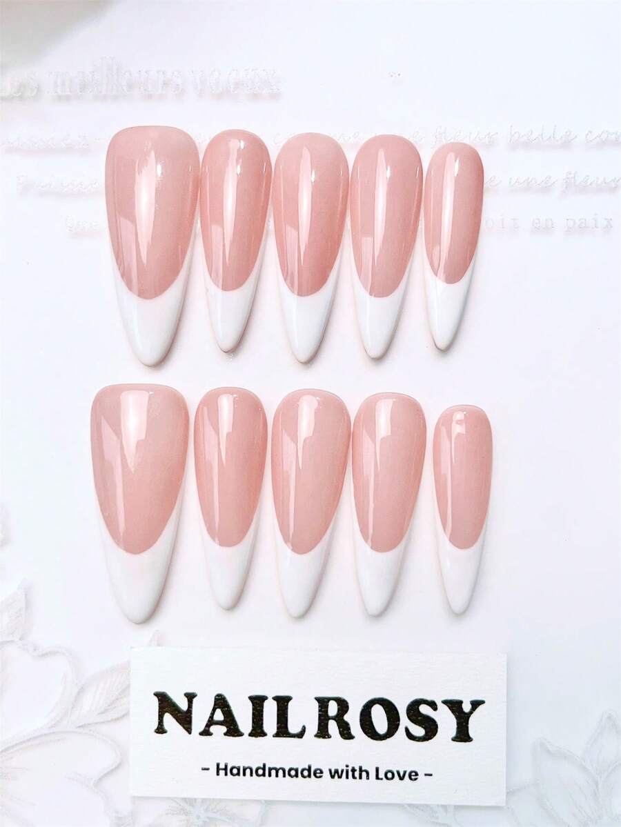 nailrosy 10片装手工美甲贴片套装，杏仁粉色，优雅简约，复古日式现代韩式清新设计，别致法式中性经典创意亮面闪亮假指甲套装，生日礼物婚礼美甲用品，手工美甲贴片