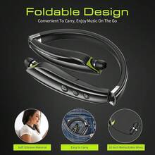 Nuevo conjunto Bluetooth-88, Auriculares Bluetooth tipo collar Ged con auriculares retráctiles, auriculares estéreo con cancelación de ruido y micrófono, audífonos inalámbricos plegables para deportes y estuche de transporte - Negro - Ver 2