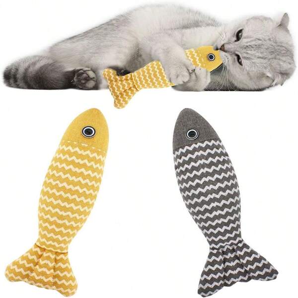 1 pieza Juguete masticable de peluche con forma de gato y pez, cuerda de algodón suave, juguete interactivo de rompecabezas, suministros para mascotas