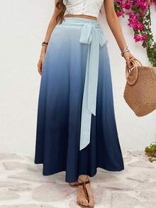 女士秋季 A 字型腰带户外渐变色中长裙。 - 藍色 - 查看 10