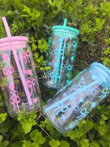 17oz Przezroczysta Butelka Na Wodę PC Ze Słomką, Nadaje Się Do Podróży Na Zewnątrz, Filiżanka Do Kawy, Uroczy Wzór Kokardy, Prezent Dla Niej, Urodziny