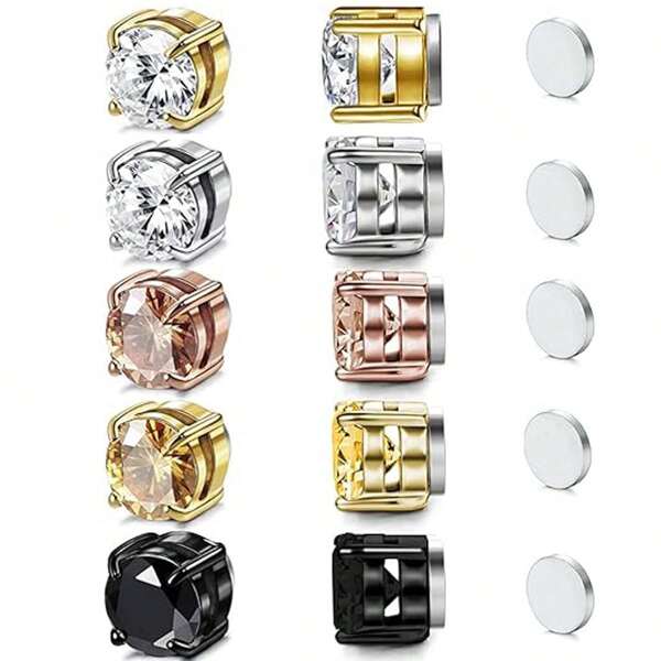 5 Pairs Stainless Steel Magnetic Stud Earrings For Men Clip On Earring Magnetic Earring Unisex Non Piercing CZ Magnet Studs Diamond Earrings For Women Men