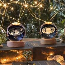 6cm 3D Planet Crystal Ball LED USB Night Light Solar System Galaxy Table Lamp Moon Sphere Saturn Planets Decorative Lamp For Bedroom Decoration Birthday Gifts, Warm White Lights