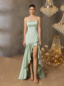 Faeriesty Women's Strapless Evening Gown With Cascading Ruffles & Asymmetrical Hem - Sleeveless Formal Dress With Body-Hugging Silhouette For Red-Carpet Galas, Black-Tie Dinners, Wedding Receptions, Charity Balls, Opera Nights