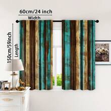 2pcs Country Style Wood-Look Blackout Curtains - Brown And Teal Wood Panel Rustic Farmhouse Curtains, Suitable For Bedroom And Living Room, Semi-Sheer, Machine Washable Polyester, Rod Pocket Hanging, Bedroom Decor | Country Style Curtains | Washable Fabric, Living Room Curtains