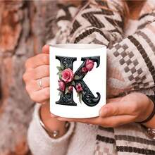 1pc Black Letter Floral A-Z Print Coffee Mug, Pink Floral, Alphabet Floral Coffee Mug For Office And Home, Alphabet Ceramic Coffee Mug, Women'S Birthday Gift, Mom, Best Friend, Bride, Bridesmaid Gift, White Tea Cup, Mother'S Day, Father'S Day Gift 11oz