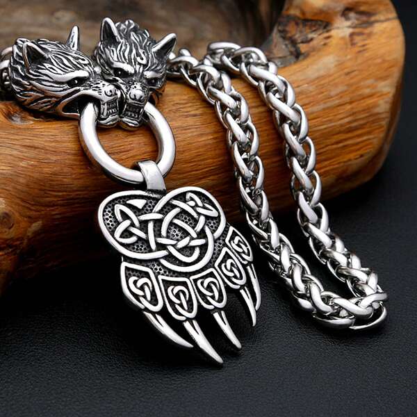 1pc Vintage Stainless Steel Viking Style Bear Claw Pendant With 60cm Wolf Head Chain, Suitable For Men's Daily Wear