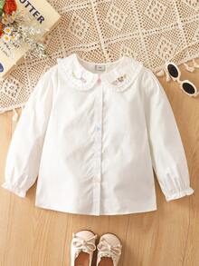 少女花卉刺绣彼得潘领长袖衬衫 - 白色 - 查看 1