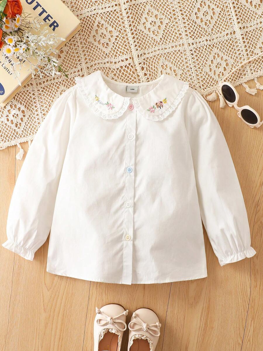 少女花卉刺绣彼得潘领长袖衬衫 - 白色 - 查看 1
