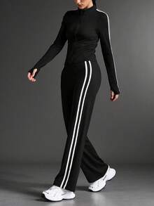 2 Pieces Women's Yoga Set: Jacket And Straight Leg Pants, Workout Outfit For Women, Black Striped Yoga & Fitness Tracksuit - Black - View 5