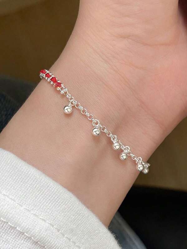 1 pieza de pulsera casual y versátil de cuerda roja y cuentas redondas de plata de ley 925, pulsera trenzada para mujer, accesorio para atuendo deportivo y de vacaciones diario de mujer