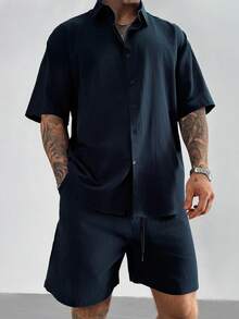 Men's Drop Shoulder Shirt, 100% Cotton Short Sleeve Shirt, Solid Color Loose Fit Turndown Collar Shirt, Breathable Business Casual Office Wear, Vacation Casual Gift, Gift For Dad, Retro Black Shirt