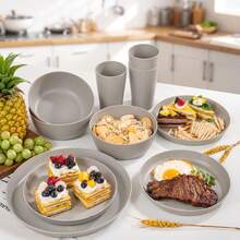EI 24pcs Grey Wheat Straw Dinnerware Set Of 6,Reuasble Unbreakable Dinner Plates,Wheat Plates And Bowls Sets For Camping,Picninc,Family Dinner - Grey - View 10