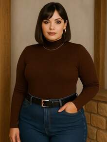 Women's Plus Size Blouse High Neck Sleeveless Ribbed Premium Autumn Winter - Coffee Brown - View 4