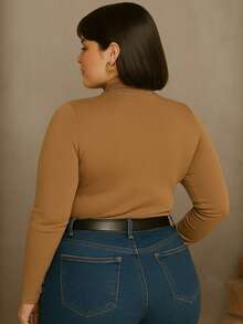 Women's Plus Size Blouse High Neck Sleeveless Ribbed Premium Autumn Winter - Màu nâu Sô-cô-la - Xem 3