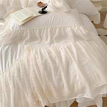IHOUSTRIY Lace Duvet Cover Queen Size, Chiffon Ruffled Beddding Set With Flower, 3 Pieces Comforter Cover Set With Zipper Closure, Girl Princess Bedding With Pillowcase - White, Queen - 白色 - 查看 5