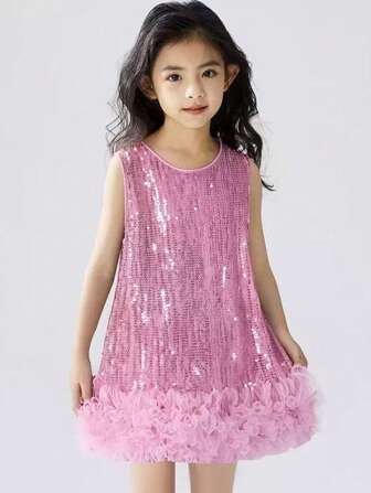 Young Girls Sequin Decor Princess Dress, Party Formal Dress, Summer
