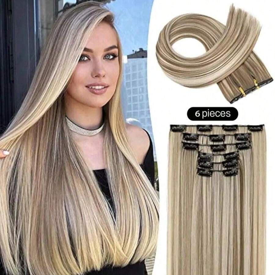 The 24-Inch 16-Clip Hair Extension Long Straight Hair Synthetic Wig Is Versatile For Daily Use