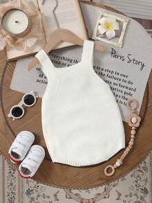 1pc Baby/Toddler Girls' Heart Pattern Knit Romper, Sleeveless Jumpsuit, Casual & Minimalist