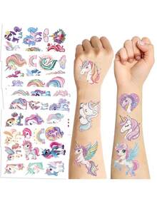 12-1 件闪光粉色独角兽临时纹身，可爱卡通闪光风格防水闪亮彩虹独角兽，生日派对用品装饰品，送给男孩女孩的完美礼物，礼品袋填充物，持续 2-5 天 - 彩色 - 查看 5