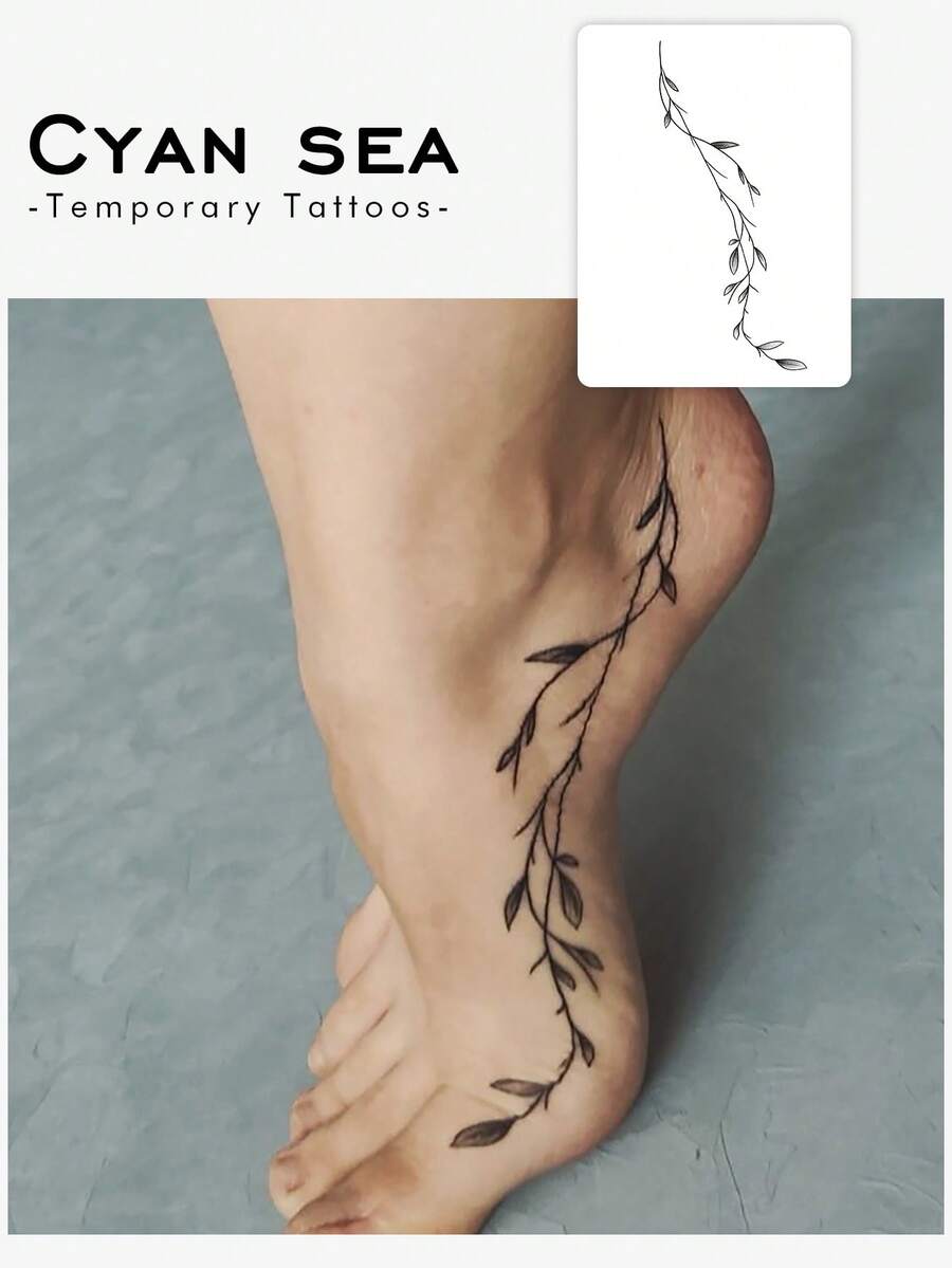 1pc Washable Waterproof Non-Reflective Temporary Tattoo Sheet, Artistic Vine Leaf Design, Suitable For People Daily Use - Black - View 1