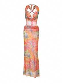 WOWDARK 女士时尚性感印花两件套连帽连衣裙，夏季 - 橘色 - 查看 5