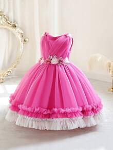 Young Girl Fuchsia 3D Floral Mesh Elegant Christmas Party Dress, Princess Dress Suitable For Girls Birthday Party, Wedding, Festival Celebration - Hot Pink - View 2