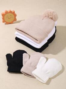 3 Pieces Set Consisting Of Knitted Hats And Gloves In Black, White And Beige Color Schemes. It Is A Warm-Keeping Set For Autumn And Winter, Suitable For Babies Aged 0 To 3 Years Old.