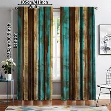 2pcs Country Style Wood-Look Blackout Curtains - Brown And Teal Wood Panel Rustic Farmhouse Curtains, Suitable For Bedroom And Living Room, Semi-Sheer, Machine Washable Polyester, Rod Pocket Hanging, Bedroom Decor | Country Style Curtains | Washable Fabric, Living Room Curtains