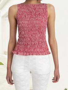 Women's Summer Smocked Tank Tops Solid Color/Plaid Sleeveless Boat Neck Ruffled Hem Slim Fit Vest - Red - View 2