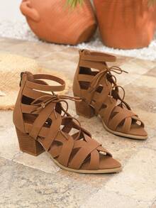 Fashionable Pointed Toe Roman Lace-Up Chunky Heel Short Boots