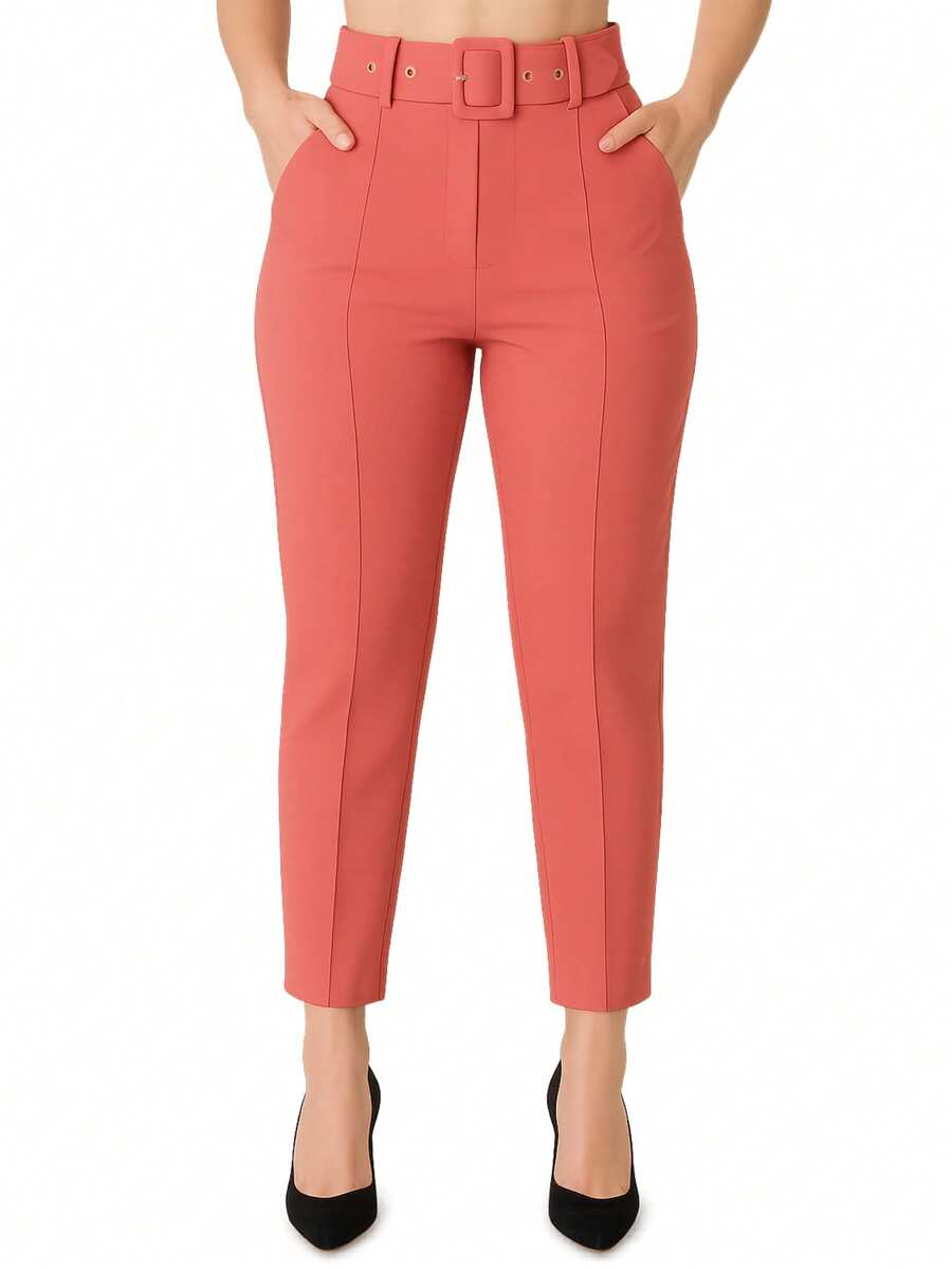 Women's Tailored Formal Pants In Polyester Elastane With Belt - Maxma 6622 - Rosa Oxidada - Ver 1