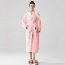 1pc Plush Robe, Shawl Collar Long Robe, Coral Fleece Bathrobe, Warm Fuzzy Robe For Adults Men Women, Hotel/Spa Use, All Season, Absorbent & Quick Dry, Loose Fit, Multiple Colors, Minimalist Design, Bathroom & Home Essentials